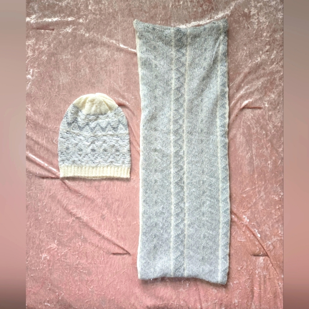 Gray and Cream Knit Scarf and Beanie Set